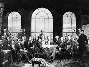 Canada's Fathers of Confederation are captured in a photo of details from a painting by Robert Harris.