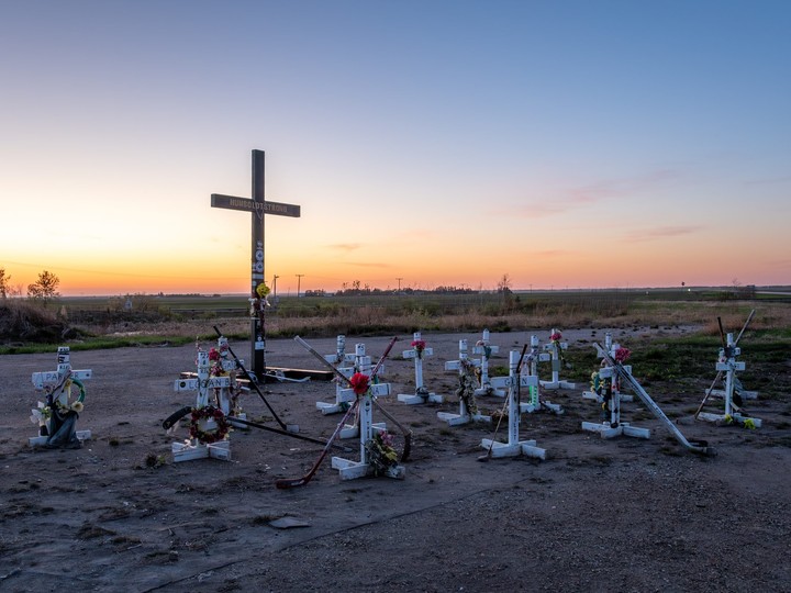  A memorial at the site of the Humboldt Broncos bus crash.