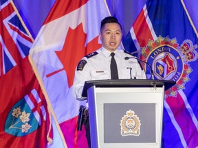 London police Chief Thai Truong speaks at a news conference at RBC Place London to update the force's investigation into an alleged 2018 sex assault involving several members of Canada’s gold-winning 2018 world junior hockey team on Monday, Feb. 5, 2024. (Derek Ruttan/The London Free Press)