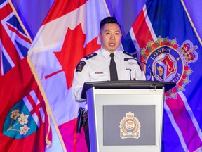 London Police Service Chief Thai Troung and holds a press conference in London, Ont., on Feb. 5, 2024. Four NHL players have been charged over their involvement in an alleged 2018 sexual assault when they were part of Canada's junior national ice hockey team, local media and lawyers for the players said Tuesday.