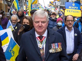 Rick Hillier at a rally in support of Ukraine.