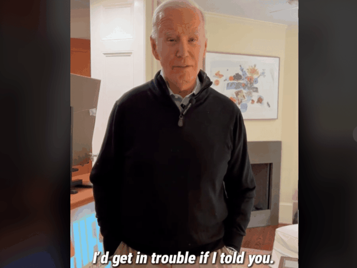  An image from Biden’s first TikTok post shows him reacting sarcastically to the idea that the White House rigged the Super Bowl.