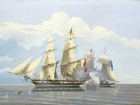 An artist's depiction of a Royal Navy vessel battling a foreign slaver ship.