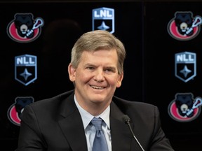 GF Sports and Entertainment's Erik Baker smiles during an announcement for the NLL Ottawa Black Bears, Wednesday, Feb. 21, 2024 in Ottawa. The National Lacrosse League will begin playing in Ottawa in the 2024-2025 season.