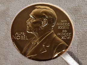 FILE - A Nobel medal is displayed during a ceremony in New York, on Dec. 8, 2020. The Norwegian Nobel Committee said Wednesday, Feb. 28, 2024, that it had registered a total of 285 candidates for the 2024 Nobel Peace Prize by the Feb. 1 deadline, down from 2023 when it received 351 valid nominations.