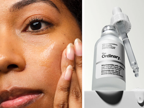 woman applies serum to her face, bottle of The Ordinary Niacinamide serum