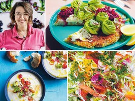 Clockwise from top left: author Alice Zaslavsky, loaded potato latkes, fennel and citrus salad with smoky green onion dressing, and cauli almond ajo blanco