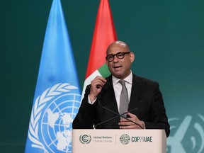 FILE - United Nations Climate Chief Simon Stiell speaks during a plenary session at the COP28 U.N. Climate Summit, Dec. 13, 2023, in Dubai, United Arab Emirates.