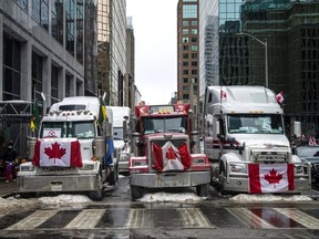 Trucks parked during the Freedom Convoy protest in Ottawa, Ont.
