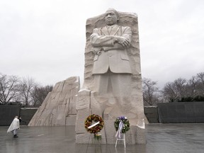 Wreaths from the annual Martin Luther King, Jr. Wreath Laying Ceremony are pictured at The Martin Luther King Jr. Memorial in Washington, Monday, Jan. 15, 2024.