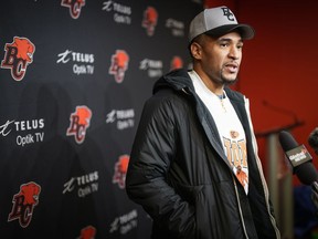 Vernon Adams Jr. is clear about his and his team's focus: the Grey Cup. Adams Jr. speaks to reporters during the CFL football team's end of season media availability, at their practice facility in Surrey, B.C., on Monday, November 13, 2023.