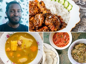 Clockwise from top left: author Riaz Phillips, brown stew chicken, tomato choka and murtani, and corn soup