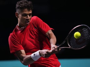 Montreal's Gabriel Diallo is scheduled to meet Soonwoo Kwon to open Canada's Davis Cup qualifier against South Korea on Friday at IGA Stadium. Diallo plays a shot against Finland's Otto Virtanen during a Davis Cup tennis match in Malaga, Spain, Tuesday, Nov. 21, 2023.