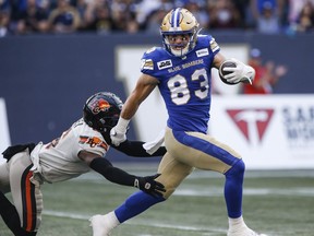Winnipeg Blue Bombers' Dalton Schoen (83) escapes the tackle by B.C. Lions' T.J. Lee (6) to run the ball in for a touchdown during first half CFL action in Winnipeg Thursday, August 3, 2023. Dalton Schoen is confident he didn't make a mistake by re-signing with the Winnipeg Blue Bombers.