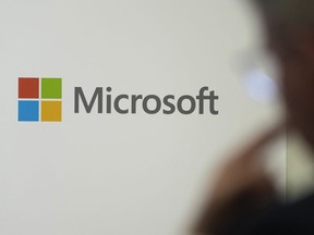 FILE - A logo of Microsoft is displayed during an event at the Chatham House think tank in London, Jan. 15, 2024. Microsoft said Wednesday that U.S. adversaries are beginning to use generative artificial intelligence to mount or organize offensive cyber operations.