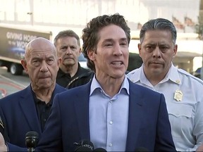 In this screen grab taken from video provided by KTRK-TV ABC13, pastor Joel Osteen speaks to the media after a shooting at Lakewood Church, in Houston, Sunday, Feb. 11, 2024. (KTRK-TV ABC13 via AP)