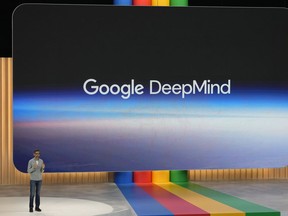 FILE - Alphabet CEO Sundar Pichai speaks about Google DeepMind at a Google I/O event in Mountain View, Calif., Wednesday, May 10, 2023. Google on Thursday, Feb. 7, 2024, introduced a free artificial intelligence app that will implant the technology on smartphones to enable people to quickly connect to a digital brain that can write for them, interpret what they're reading and seeing in addition to helping manage their lives.