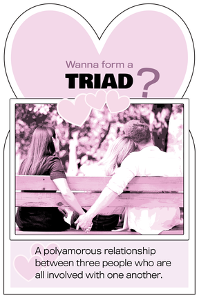Triad: A polyamorous relationship between three people who are all involved with each other.
