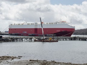 More than 230 unionized workers in the Halifax area have walked off the job at the Autoport, one of North America's largest transshipment facilities for imported vehicles. The auto carrier Siem Cicero is docked at the Autoport in Eastern Passage, N.S., on Monday, April 6, 2020.