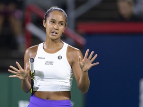 Leylah Fernandez gestures to her coach during her match against Danielle Collins of the United States, during the National Bank Open tennis tournament in Montreal, Thursday, Aug. 10, 2023. Fernandez picked up a pair of wins Monday at the Qatar Open women's tennis tournament.