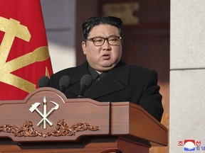 In this photo provided by the North Korean government, its leader Kim Jong Un speaks during an event for the 76th founding anniversary of the country's army at the defense ministry in North Korea, Thursday, Feb. 8, 2024. Independent journalists were not given access to cover the event depicted in this image distributed by the North Korean government. The content of this image is as provided and cannot be independently verified. Korean language watermark on image as provided by source reads: "KCNA" which is the abbreviation for Korean Central News Agency. (Korean Central News Agency/Korea News Service via AP)