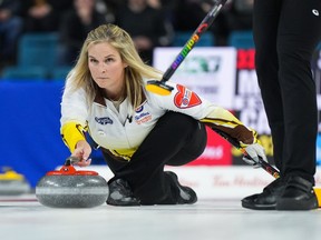 Manitoba skip Jennifer Jones delivers a rock while playing Team Canada during the final at the Scotties Tournament of Hearts, in Kamloops, B.C., on Sunday, February 26, 2023. Jones has announced she will retire from women's team curling at the end of this season.THE CANADIAN PRESS/Darryl Dyck