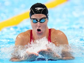 Sydney Pickrem of Canada competes in the women's 200-metre breaststroke semifinal at the World Aquatics Championships in Doha, Qatar, Thursday, Feb. 15, 2024.