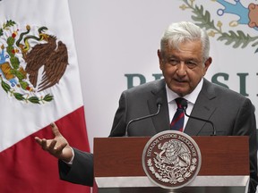 FILE - Mexican President Andres Manuel Obrador delivers a speech on economic figures, in Mexico City, April 12, 2022.