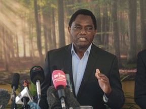 FILE - Zambian President Hakainde Hichilema addresses a press conference at his residence in Lusaka, Zambia, Monday, Aug. 16, 2021. Zambian President Hakainde Hichilema Thursday, Feb. 29, 2024, declared the country's debilitating drought a national disaster and emergency, saying it has devastated food production and electricity generation as the nation battles to recover from a recent deadly cholera outbreak.