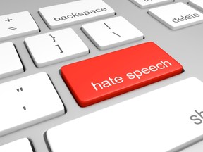 3D rendering of a computer keyboard with one key labeled for hate speech.