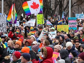 Rally in protest of newly announced Alberta policies regarding children and LGBTQ+ rights