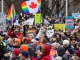 Rally in protest of newly announced Alberta policies regarding children and LGBTQ+ rights