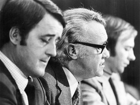 Brian Mulroney, far left, Robert Cliché and Guy Chevrette during a 1975 Royal Commission investigating corruption in Quebec's construction industry.