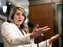 Foreign Affairs Minister Melanie Joly responds to questions from reporters in the Foyer of the House of Commons on Parliament Hill after Question Period, in Ottawa on Thursday, Feb. 29, 2024. THE CANADIAN PRESS/Justin Tang