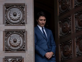 Prime Minister Justin Trudeau steps out of the west doors of West Block to meet with the President of Ecuador Daniel Noboa on Tuesday, March 5, 2024 in Ottawa.