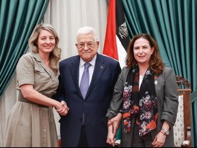 From left, Mélanie Joly, Mahmoud Abbas and Ya’ara Saks.