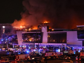 A building on fire in Moscow.