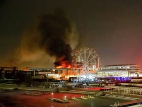 A building on fire in Moscow.