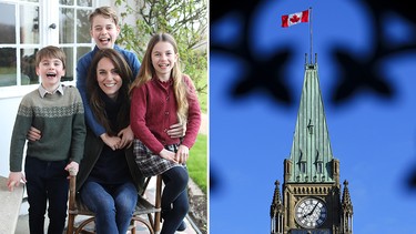 Catherine's doctored family photo and the Peace Tower on Parliament Hill.