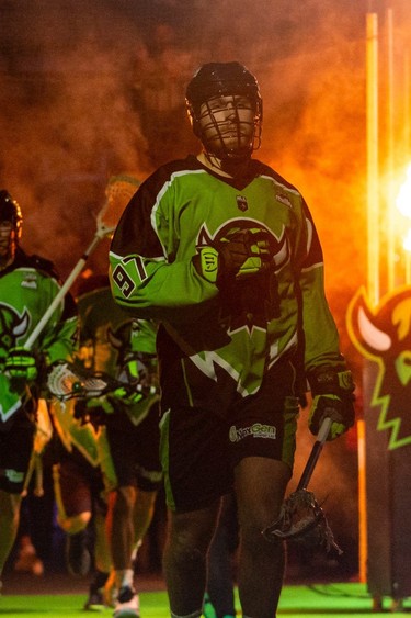 The Saskatchewan Rush is introduced before National Lacrosse League action against Panther City Lacrosse Club at SaskTel Centre, Feb. 3, 2024.
