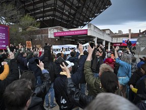 People take part in a protest organized by the Slovakian opposition parties