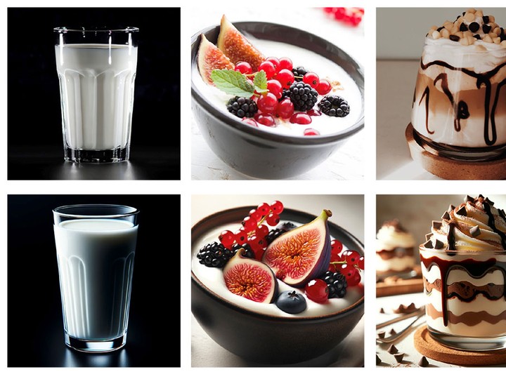  The top row shows authentic milk images, and the bottom row is AI-generated — both shown left to right in unprocessed, processed and ultra-processed variants. PHOTOS BY GIOVANBATTISTA CALIFANO