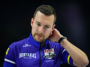 Alberta-Bottcher skip Brendan Bottcher reacts to his shot in the 8th end of a 7-3 loss to Saskatchewan during the semifinal at the Brier, in Regina, on Sunday, March 10, 2024.