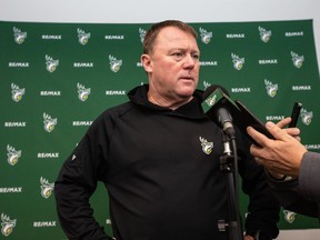 They've both been active this off-season so it's not surprising Chris Jones and Shawn Burke are keeping an open mind regarding what they do with the first two picks of next month's CFL draft. Jones speaks about the Edmonton Elks' season at a year-end press conference in Edmonton, Monday, Oct. 23, 2023.