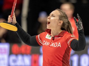 Canada skip Rachel Homan celebrates after defeating Korea to advance to the gold medal game at the World Women's Curling Championship in Sydney, N.S. on Saturday, March 23, 2024.