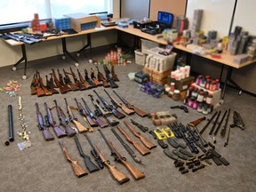 A 56-year-old man from Hudson Bay is facing a slew of charges after a cache of weapons and ammunition was found in the Viellardville area. Police said they found 40 rifles, two handguns, about 20 more firearms in various states of disassembly as well as more than 10,000 rounds of ammunition, powder and rifle casings used to reload shells, and boxes of prohibited high capacity rifle magazines.