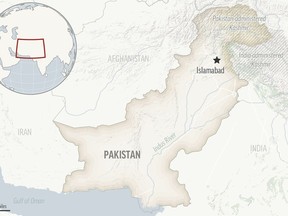 This is a locator map for Pakistan with its capital, Islamabad, and the Kashmir region. (AP Photo)