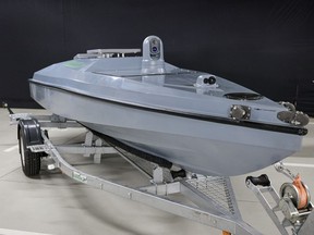 A Ukraine a Magura V5 (maritime autonomous guard unmanned robotic apparatus V-type), Ukrainian multi-purpose unmanned surface boat, is seen in Ukraine.