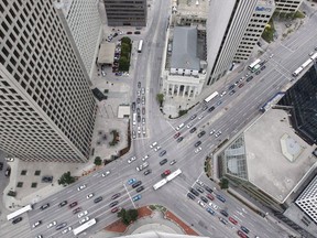 Aerial view of Winnipeg's Portage and Main intersection.