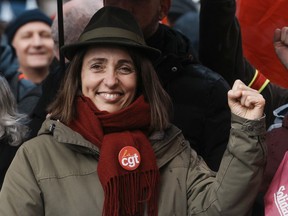 FILE - CGT union secretary general Sophie Binet attends a demonstration on April 13, 2023 in Paris. A major French union warned of possible strikes, including at hospitals, during the Paris Olympics, when a massive influx of people is expected in the French capital.